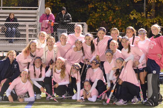 The Girls' Varsity Field Hockey team sported pink jerseys in a recent game to support breast cancer awareness. Photo courtesy of Olivia Cuevas '16 via Williston Flickr